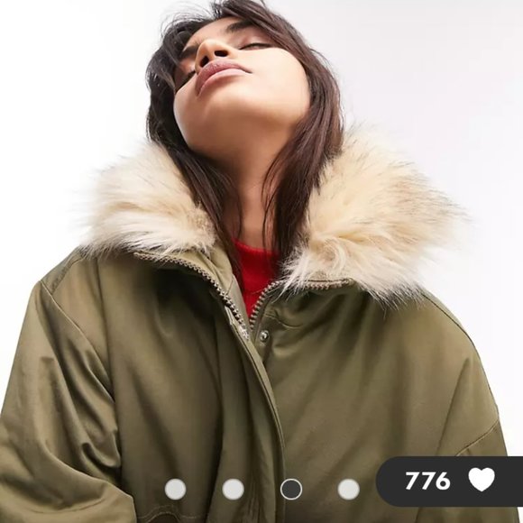 ASOS Topshop longline parker jacket with faux fur collar in khaki - Picture 2 of 2